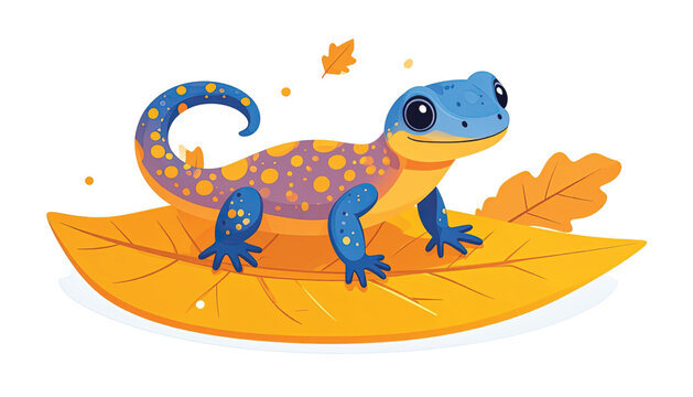 Colorful cartoon lizard on leaf.