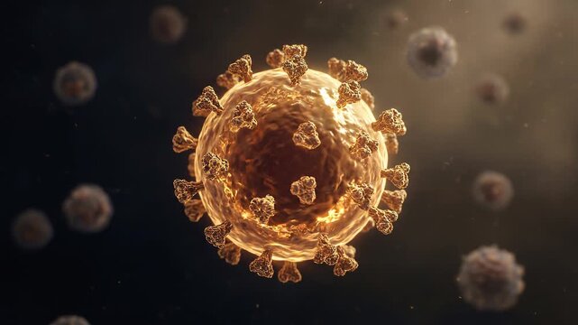 A Close-Up Microscopic View of the EBOLA FILOVIRUS Particle, Illustrating its Spherical Structure and Spiky Surface in a Dark, Blurred Background