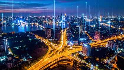 Obraz premium Digital Network Light Beams over Futuristic Smart City at Night