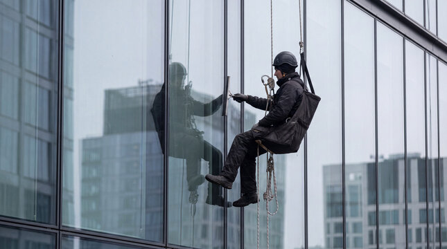 High Rise Window Cleaner Resting On Bosun Chair Outside Office Glass