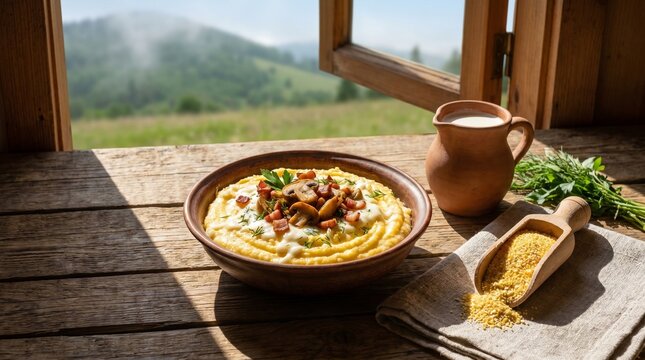 Banosh Bowl by Farmhouse Window with Cheese Mushrooms and Rustic Toppings