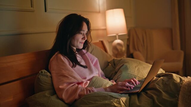 Late freelancer thinking hard issue worried problem sitting home bed closeup
