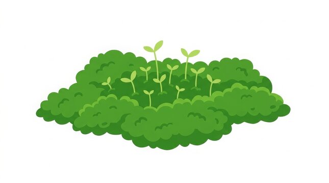 A green moss patch with several tiny fresh sprouts emerging, minimal flat vector illustration, isolated on white background.