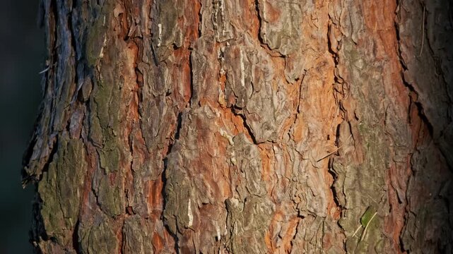 A detailed close-up view shows the rugged, reddish-brown texture of a pine tree trunk in warm sunlight. Concept of organic patterns, woodland durability, and natural forestry background.