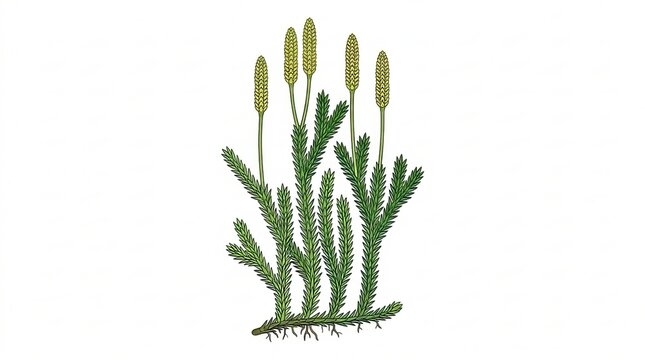 A single club moss plant with upright stems and tiny leaves, flat botanical vector illustration, isolated on white background.