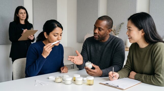 Fragrance product focus group discussion with diverse adults and moderator