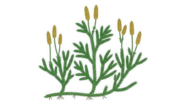 A single club moss plant with upright stems and tiny leaves, flat botanical vector illustration, isolated on white background.