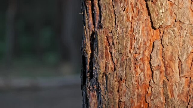 Rough pine tree bark displays deep cracks and detailed natural organic texture under warm sunlight. Concept of forestry background, durable wood material, and environmental beauty.