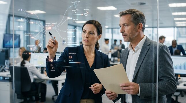 Compliance Team Mapping Fraud Signals On Glass Wall In Finance Office