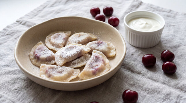 Plated Cherry Vareniki with Sour Cream, Ceramic, Linen, Summer Light