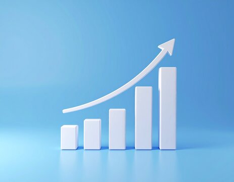 Minimalist 3D business growth chart with rising white bar columns and upward trend arrow, financial success and revenue growth concept, clean blue gradient background, modern corporate analytics, soft