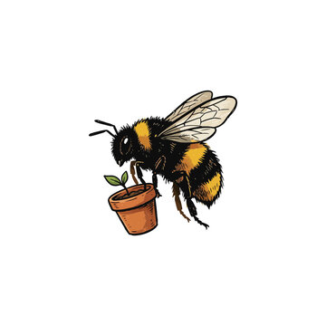 Bumblebee Mid Flight Holding A Small Clay Pot Containing A Fresh Green Seedling With Translucent Wings And Textured Fur Details Vector Illustration