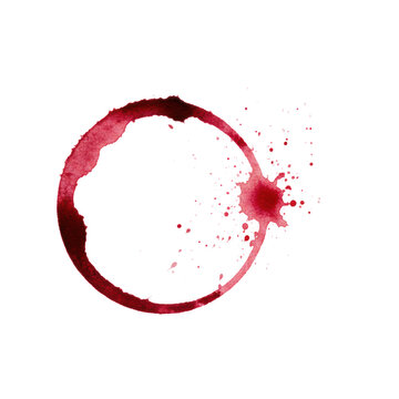 Macro, hyper-detailed red wine spill texture with a circular ring mark and vivid crimson splatters, isolated on a transparent background, flat lay, graphic design element concept