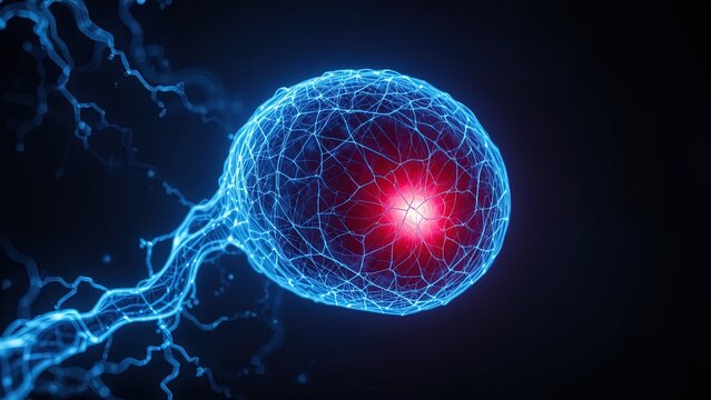 Glowing neural network structure with a pulsating red core in darkness.