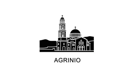 Obraz premium Agrinio Cityscape Silhouette, Church Landmark, Greece Architecture