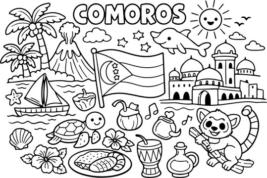 comoros cartoon outline hand drawn Line Art illustration doodle art coloring page for kids