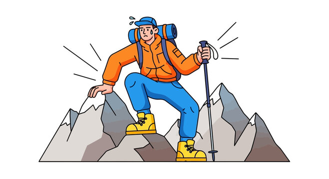 Adventurous Hiker Climbing Mountain Peak with Trekking Pole - Exhausted Effort