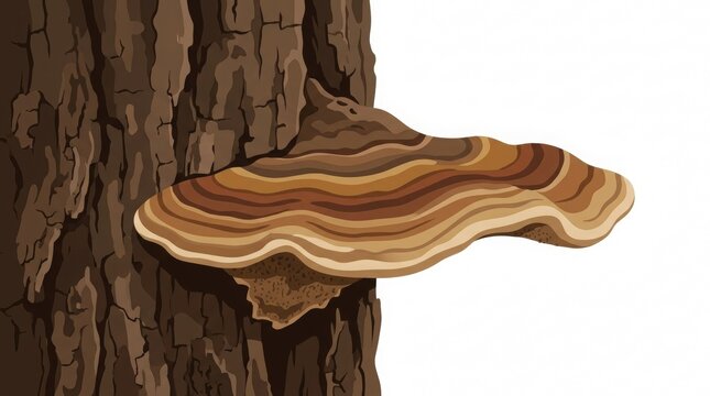 Botanical vector illustration of a shelf fungus naturally growing from an old tree trunk. Ideal for rainforest, biology, ecology, and educational projects.