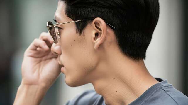 Man with Sunglasses: Close-up of a stylish man wearing sunglasses, looking off to the side with a thoughtful expression.