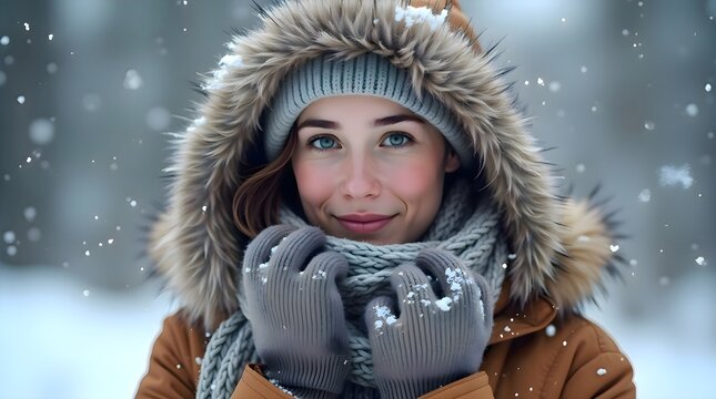 Woman wearing a coat and gloves in the snow, winter cold season fashion outfit clothing warm outerwear beauty portrait lookout scenery backdrop
