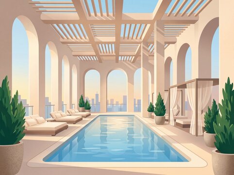 Travel Poster Illustration of White Architectural Pool Hall with Open Colonnade And Aqua Water