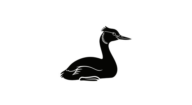 Black silhouette of a great crested grebe bird on a white background