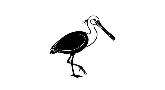 Black Silhouette Spoonbill Bird Walking Isolated on White Background