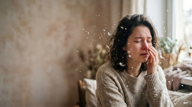 Woman suffering from seasonal allergy sneezing. Pollen and dust floating in the air. Young girl touching nose with allergic reaction. Healthcare treatment for World Allergy Day concept.