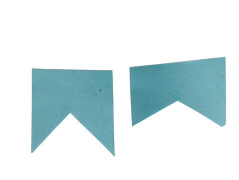 Two small teal blue paper party flags with a pointy triangle cutout shape for festive decorations isolated on transparent background