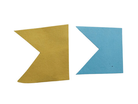 Two simple geometric arrow shapes in gold and blue color for modern graphic design and web interface isolated on transparent background