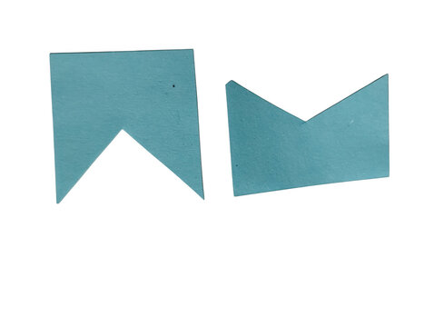 Two teal blue paper party flags with triangular cutouts for festive bunting and celebration banners isolated on transparent background