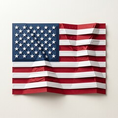 Fototapeta premium A layered paper craft art piece of the american flag featuring a 3d effect with folded stripes and a blue canton with stars, isolated on white background