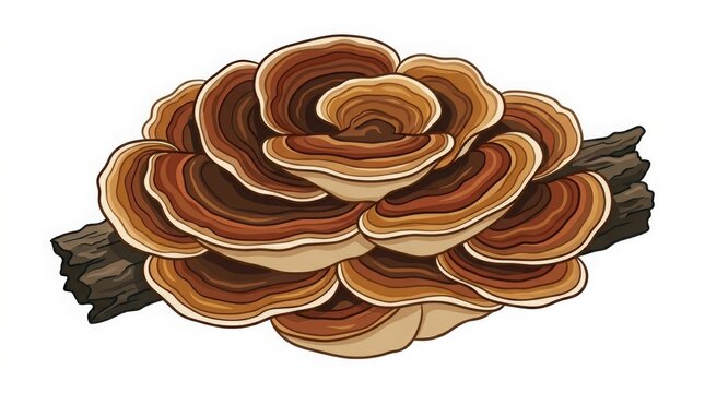 Botanical vector illustration of a shelf fungus naturally growing from an old tree trunk. Ideal for rainforest, biology, ecology, and educational projects.