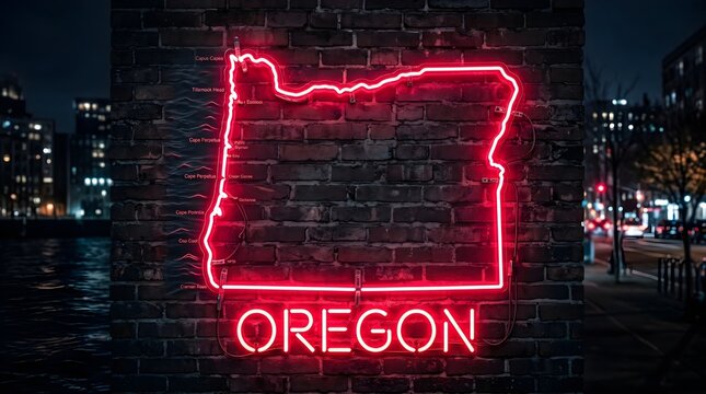 Vibrant red neon light shaped like the state map of Oregon mounted on a dark textured rustic brick wall facade
