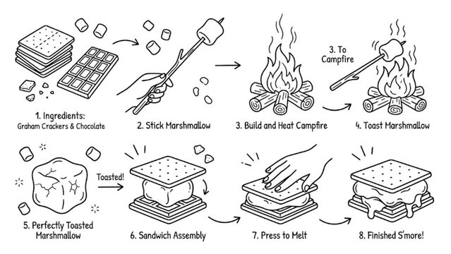 Cute S&rsquo;mores Dessert Making Process Vector Set  Campfire Treat Preparation Doodle Collectio