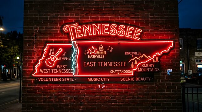 Bright red neon sign showing the state of Tennessee map with music symbols mounted on a rustic weathered brick wall