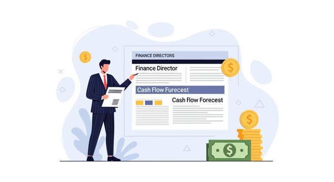 Businessman presenting financial report with cash flow forecast and stack of coins illustration