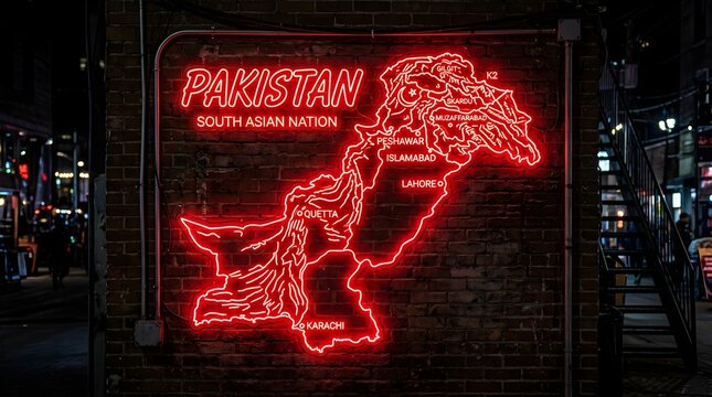 Vibrant red neon sign displaying the detailed map of Pakistan mounted on a dark textured brick wall at night time