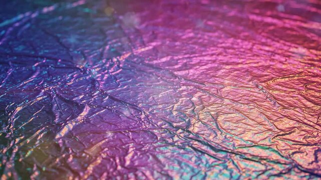 Iridescent colorful crumpled metallic foil abstract texture shiny background vibrant reflective pattern with shiny metallic surface, glowing light purple and pink color, abstract background