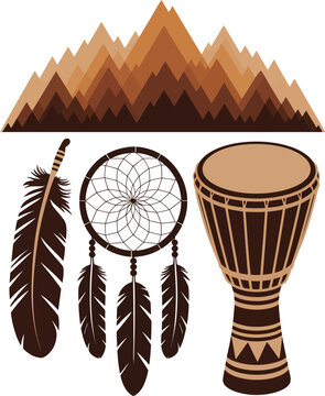 Traditional native american cultural icons including feathers drum and pattern.