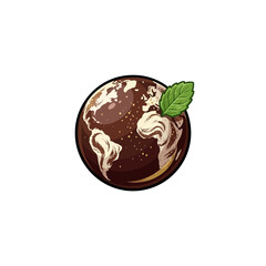Glossy Dark Chocolate Truffle Sculpted Into A World Globe Shape Featuring Creamy White Continent Patterns And A Single Vibrant Mint Leaf Garnish Vector Illustration © ndomble