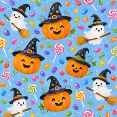 Fototapeta premium Cute Halloween seamless pattern with funny pumpkins and ghosts wearing witch hats, sweet candies and jelly beans on blue background, Generative AI illustration