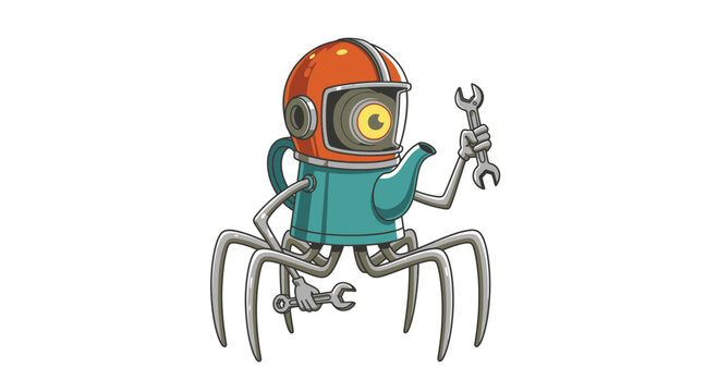 Creative Robot Teapot Character with Spanners, Funny Mechanic Invention