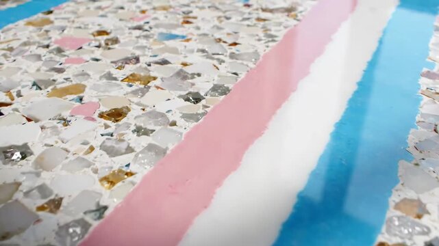Modern terrazzo surface with pink, blue, and white stripes, featuring mixed stone and glass chips, colorful flooring inspired by transgender flag, vibrant decorative stone and glass pattern