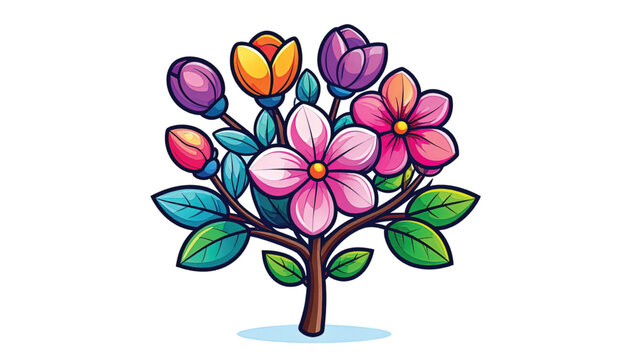 Colorful flowers on a tree branch.