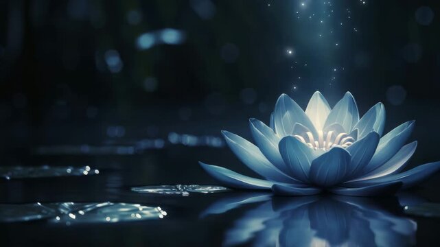 Blue Lotus Flower with Shimmering Petals and Enchanted Water Reflections