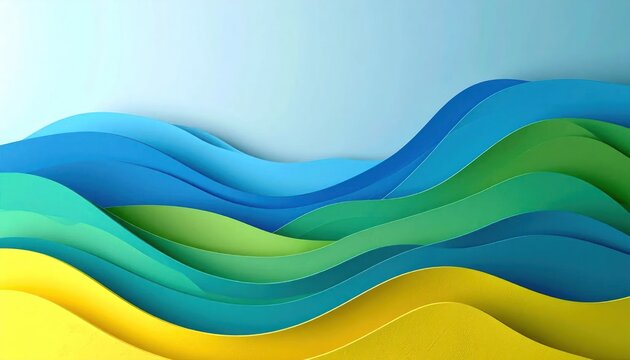 Abstract blue and green paper cut layered waves background.