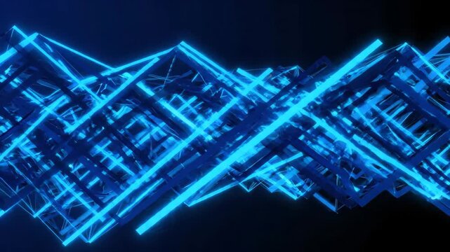 Abstract geometric blue neon light line digital technology modern futuristic glowing background art with dynamic energy, vibrant mood, intersecting shapes, rectangles, and dark pattern visual effect