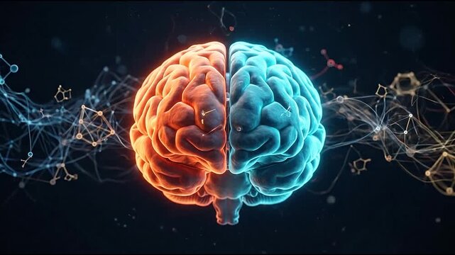 Symmetrical brain with fire and ice energy halves.
