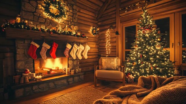 Christmas Living Room with Cozy Fireplace and Twinkling Holiday Lights